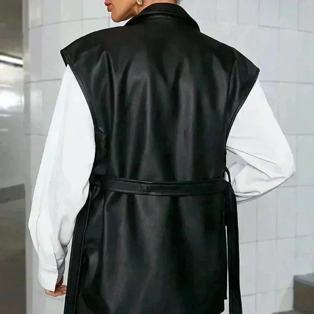 Black Elegant Women's Vintage Faux Leather Lapel Vest Jacket